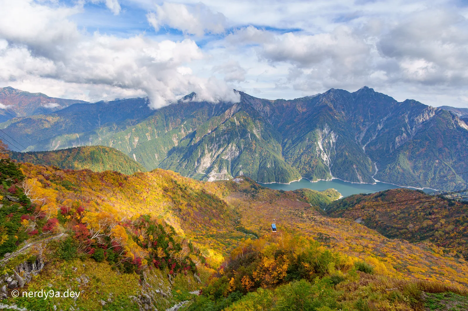 Panoramic view from Tateyama Ropeway showing a cable car cabin suspended over a valley filled with autumn foliage, looking towards Kurobe Lake