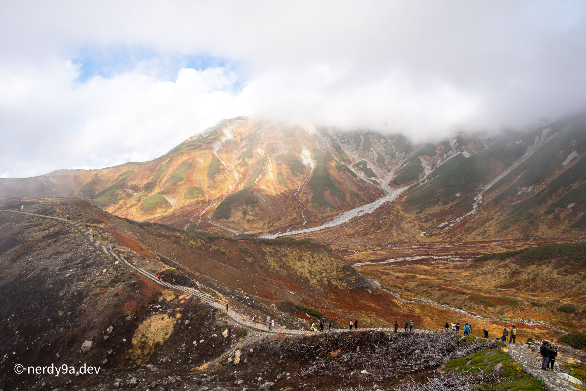 Hiking trail winding along the volcanic ridge at Murodo with visitors walking along stone steps