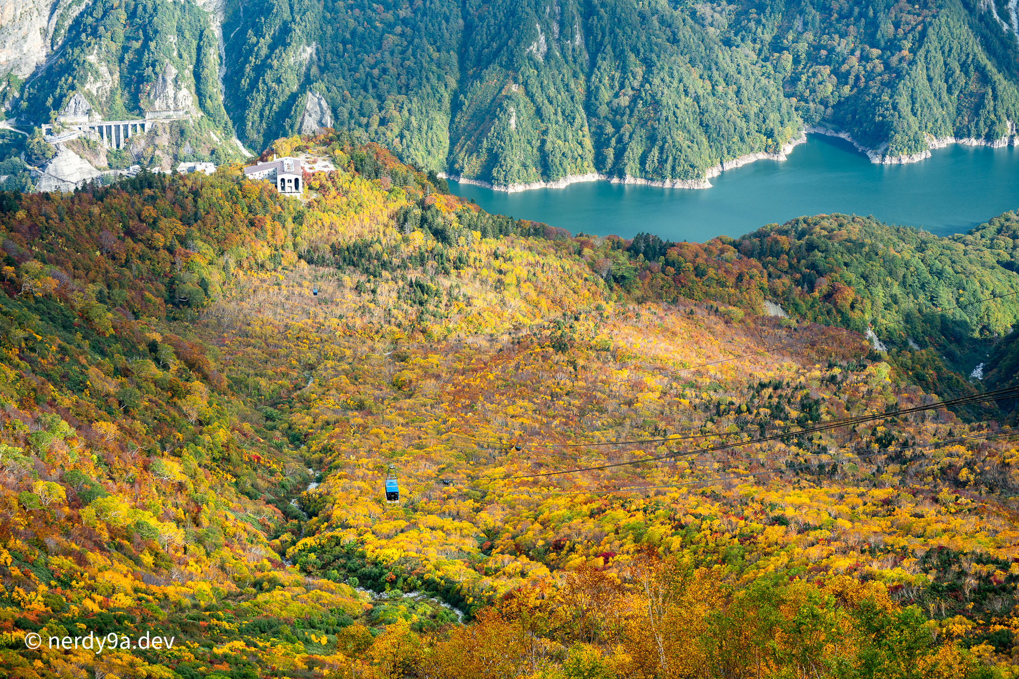 Close-up of the blue Tateyama Ropeway cabin gliding over peak red and gold autumn trees with Kurobe Lake in the background