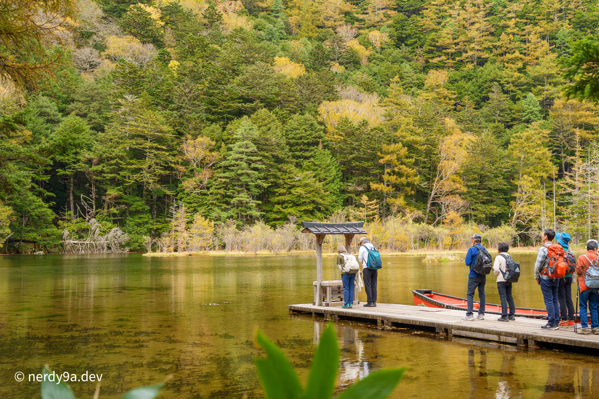 The tranquil, clear waters of Myojin Pond inside the forest with a wooden pier