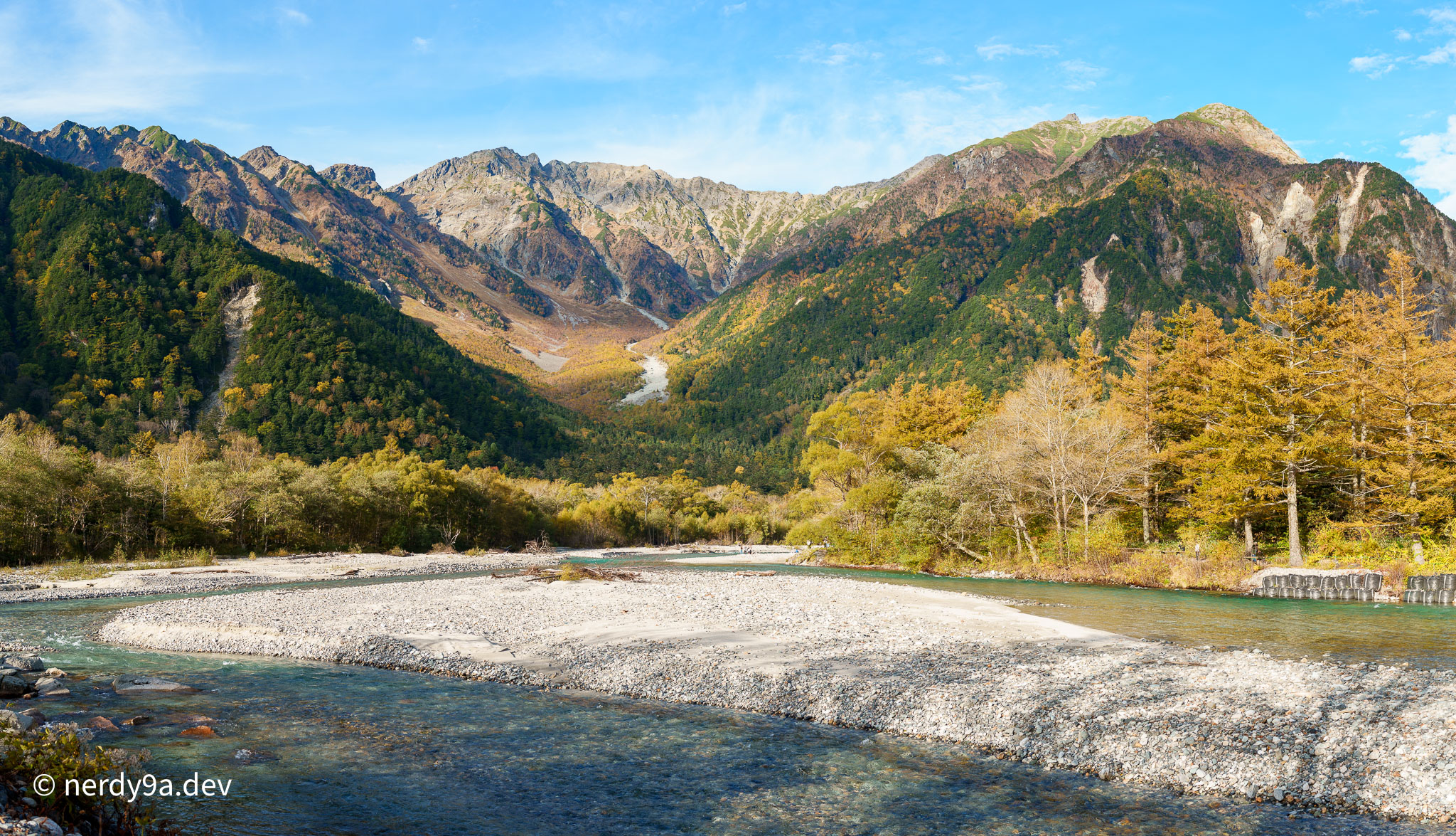 Panoramic view of the majestic Mount Hotaka mountain range standing over the Kappa Bridge valley area